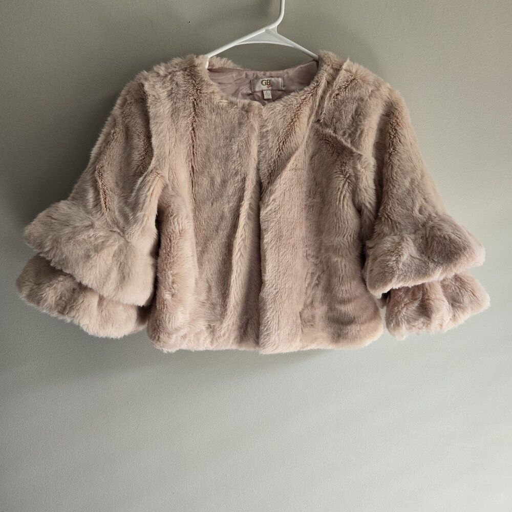 GB Girls Size L 10/12 Pink Faux Fur Cape Jacket  3/4 Ruffle Tier Sleeve